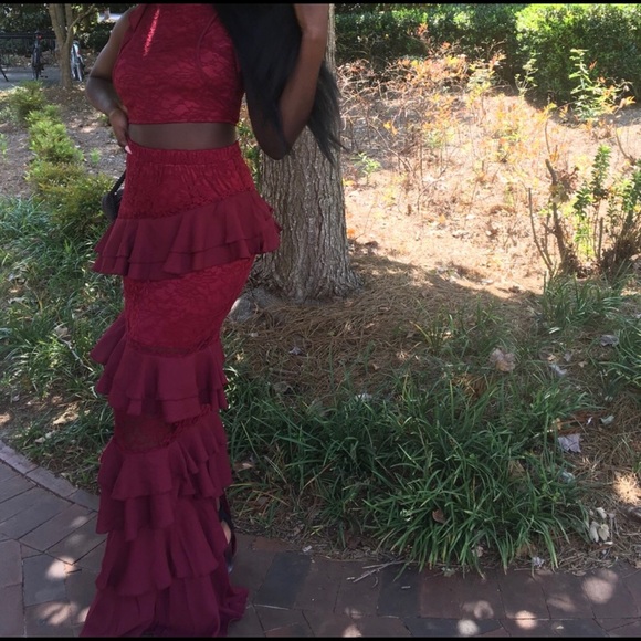 PLT Lace Burgundy Ruffle Skirt CoOrd - Picture 3 of 4